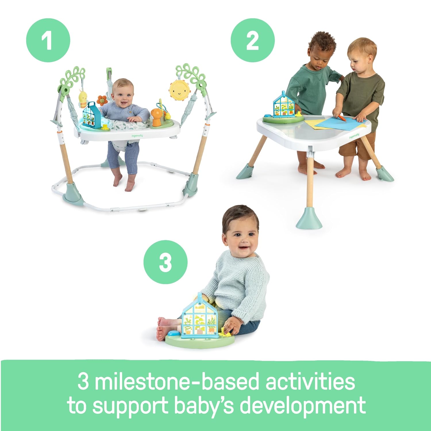 Ingenuity 3-in-1 Baby Jumper and Activity Center with Lights and Sounds – Converts to Toddler Play Table, 4 Adjustable Heights, Wood Legs, Ages 4 Months to 3 Years
