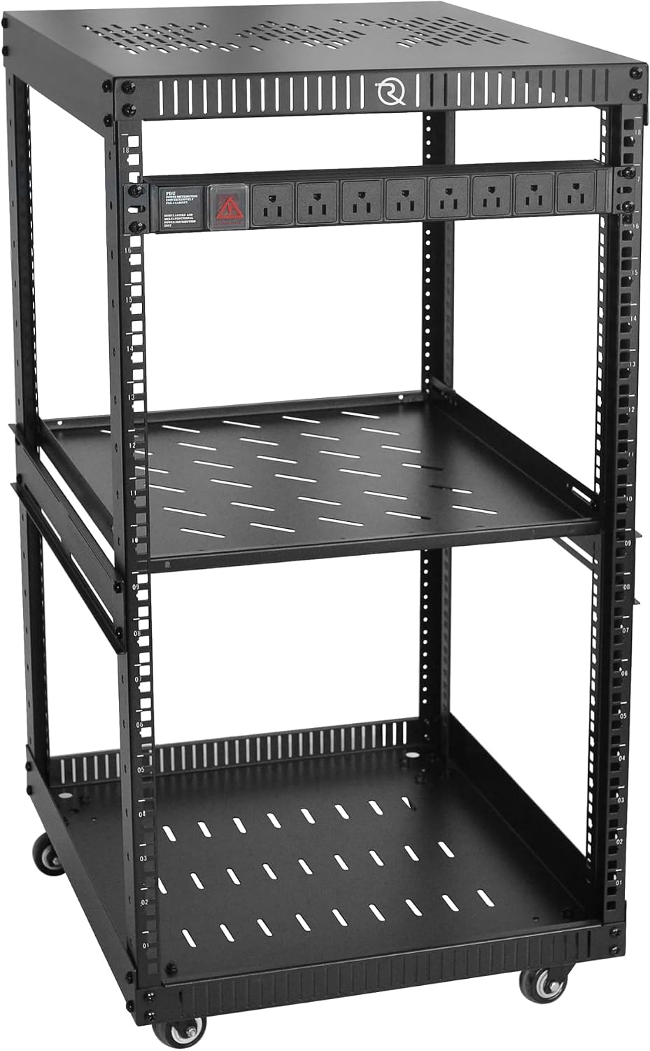 RIVECO OFCO 18U Network Rack with Reinforced Top & Bottom Vented Plates - 4 Rolling Wheels Floor Standing Rack for 19' Equipment & Stereo Gear - Including 1PCS Rack Shelf & Rail Mount PDU