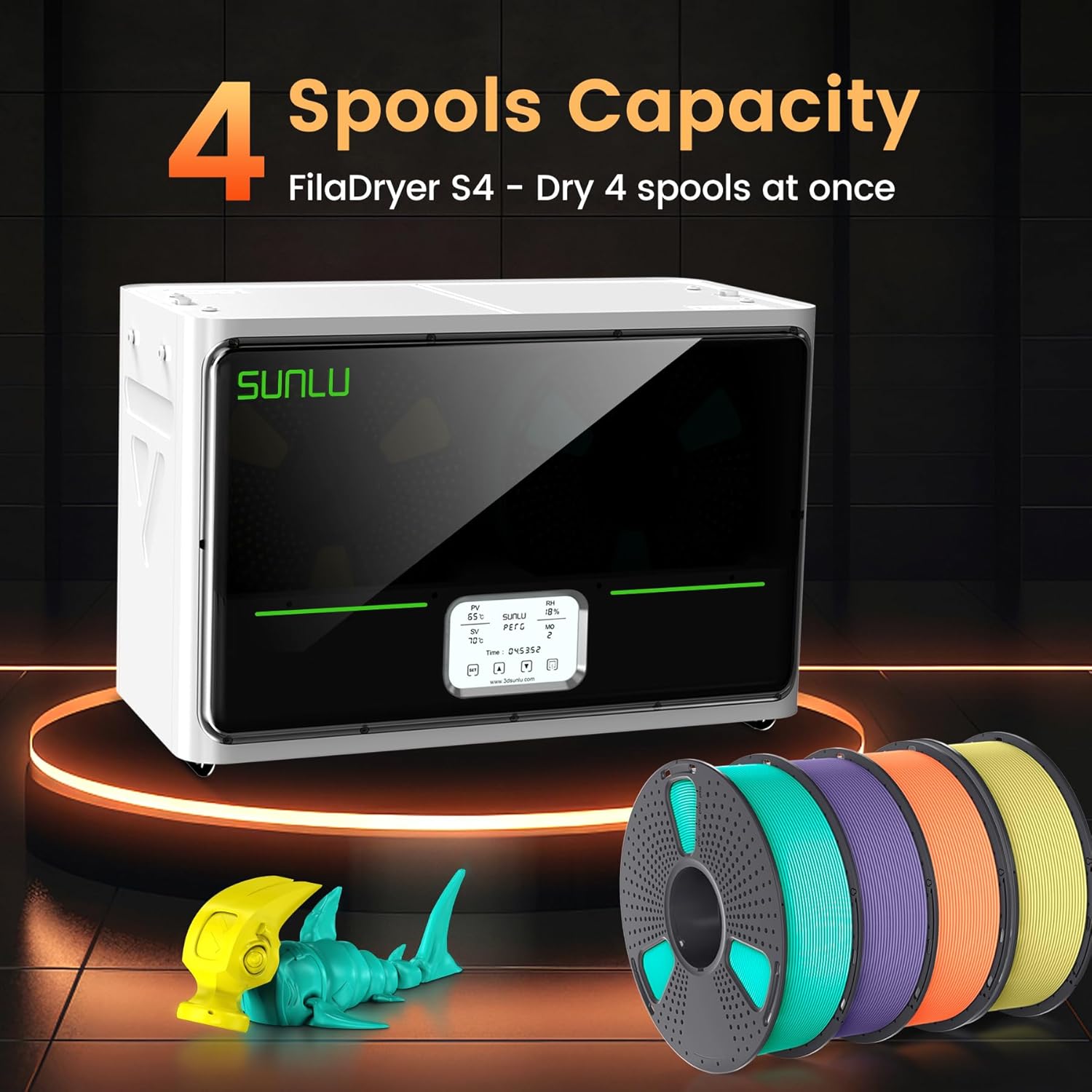 SUNLU Official 3D Printer Filament Dryer S4, 4 Spools Capacity, 3 Circulation Fans, 350W PTC Heater, 70℃ Max Temperature, Power Saving Storage Mode, Nylon TPU PLA PETG ABS Filament Dryer Box, White