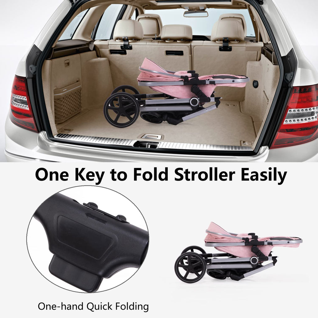 Lortsybab 2-in-1 Baby Stroller - Folding Infant Newborn Pram Stroller with Reversible Seat - Toddler Strollers for 0-36 Months Old Babies (Pink)