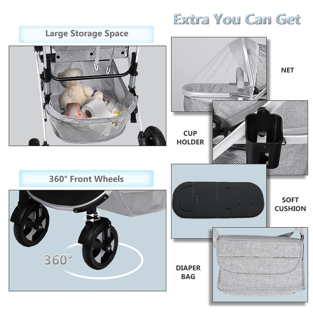 Kinder King 2 in 1 Convertible Baby Stroller, Folding High Landscape Infant Carriage, Newborn Reversible Pram, Adjustable Canopy, Diaper Bag, Anti-Shock Toddler Pushchair Stroller, Light Grey