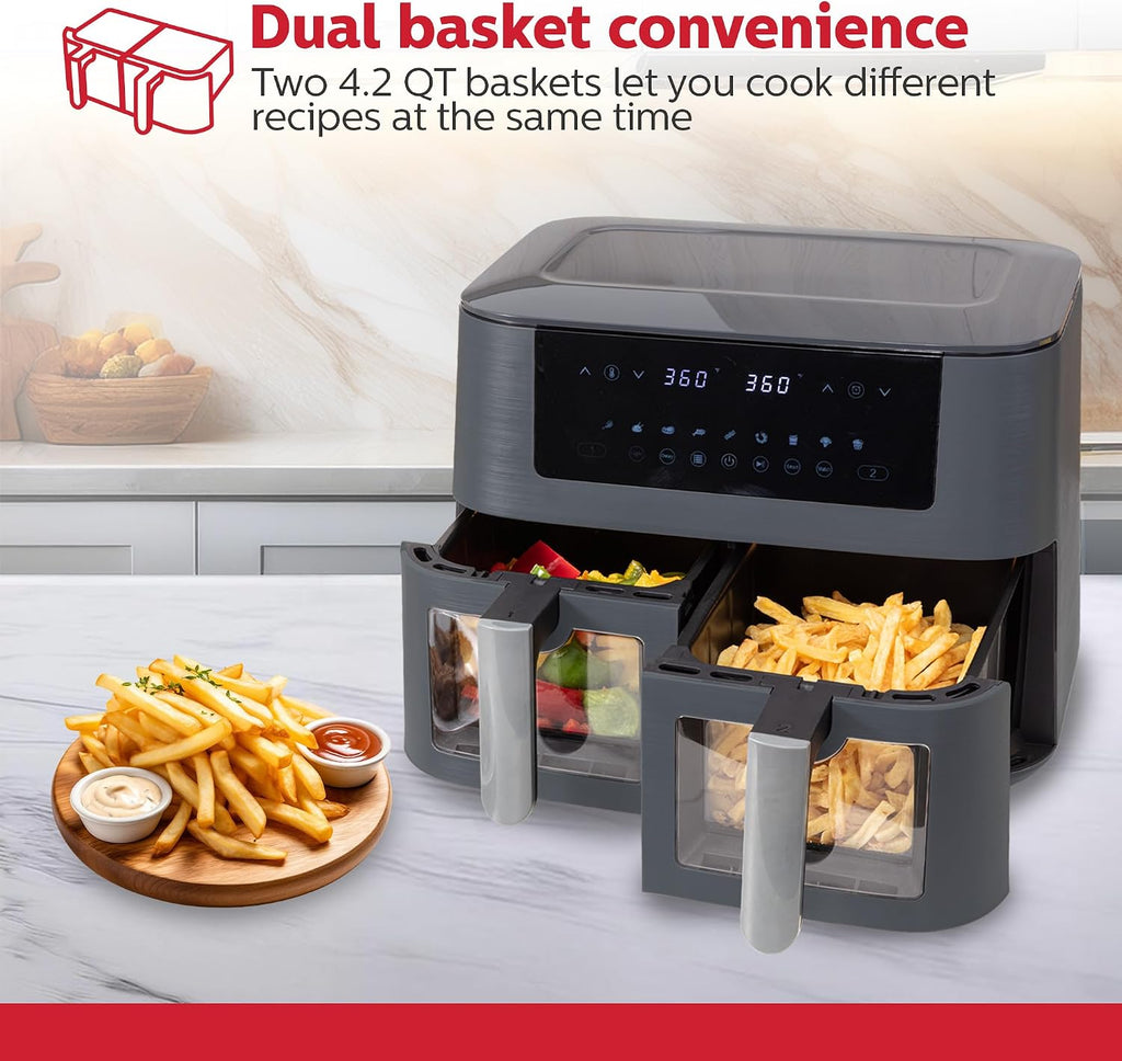 Holstein Housewares 8.4QT Dual Basket Digital Air Fryer with viewing window and led display with 7 preset options. Fry, bake, grill, dehydrate, and roast healthier recipes. Dishwasher Safe