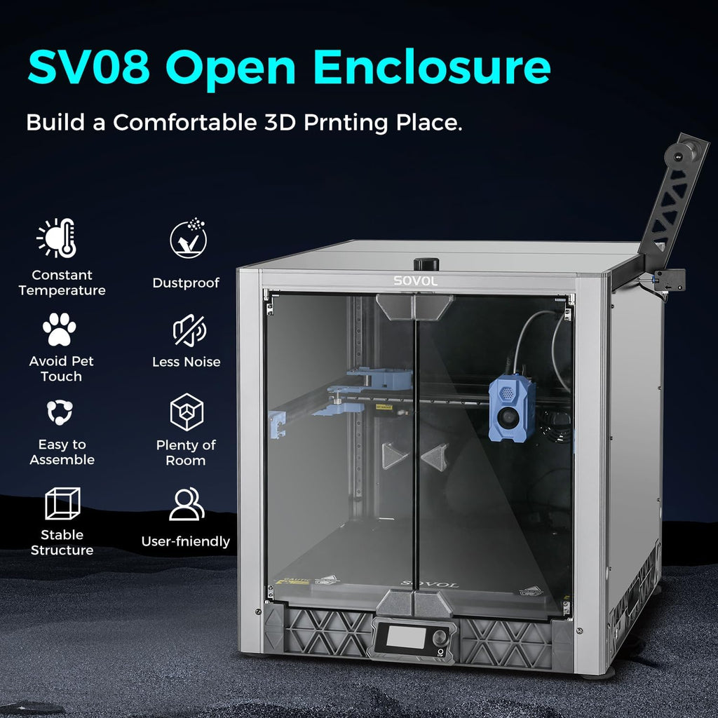 Sovol Metal and Tempered Glass Open Enclosure with Drag Chain and Filter Fan for Sovol SV08