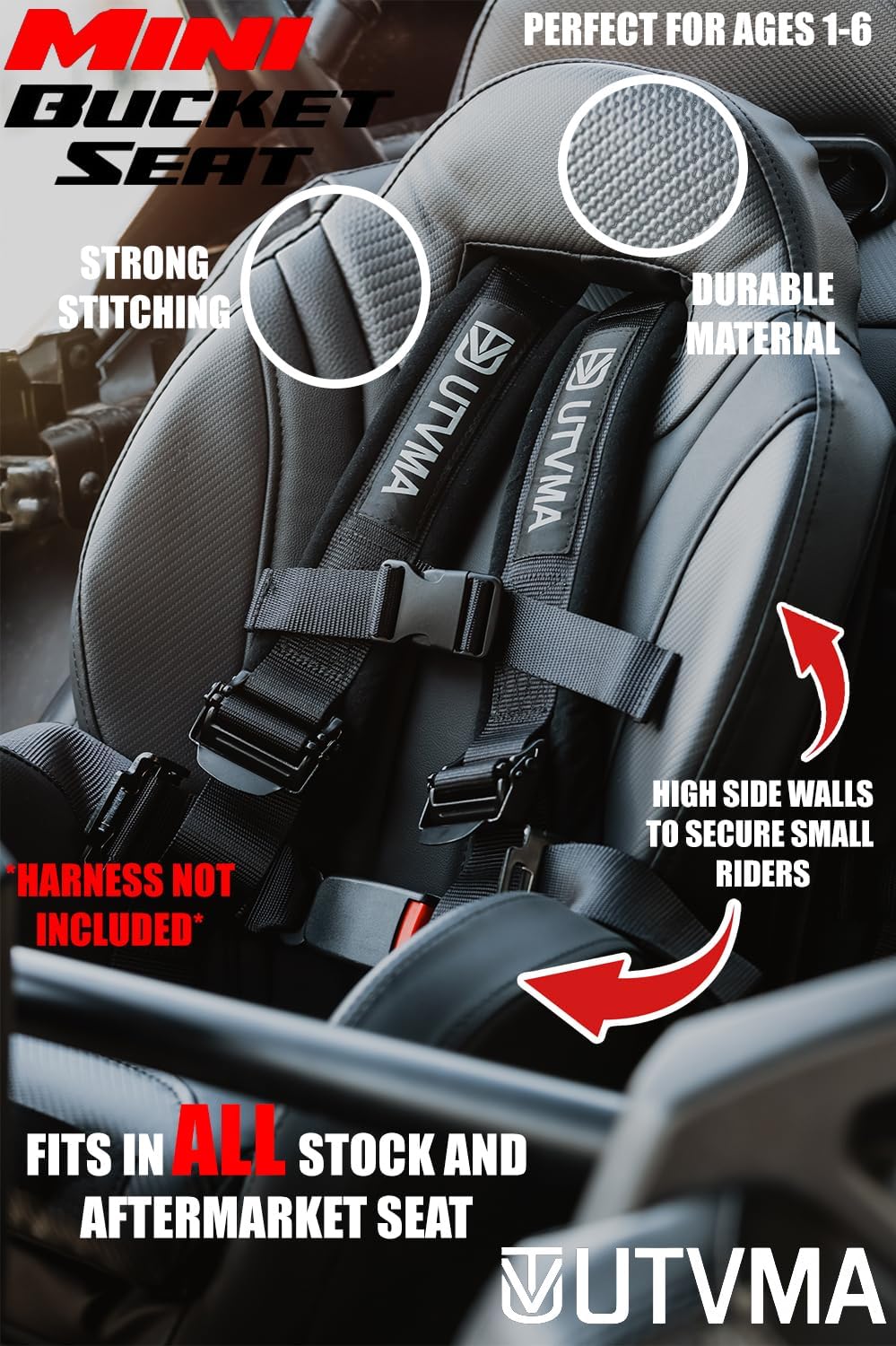 UTVMA Mini Bucket Seat for Kids - Durable UTV Child Car Seat - Extra Comfort UTV Booster Seat - Harness Compatible UTV Seats - Easy Install