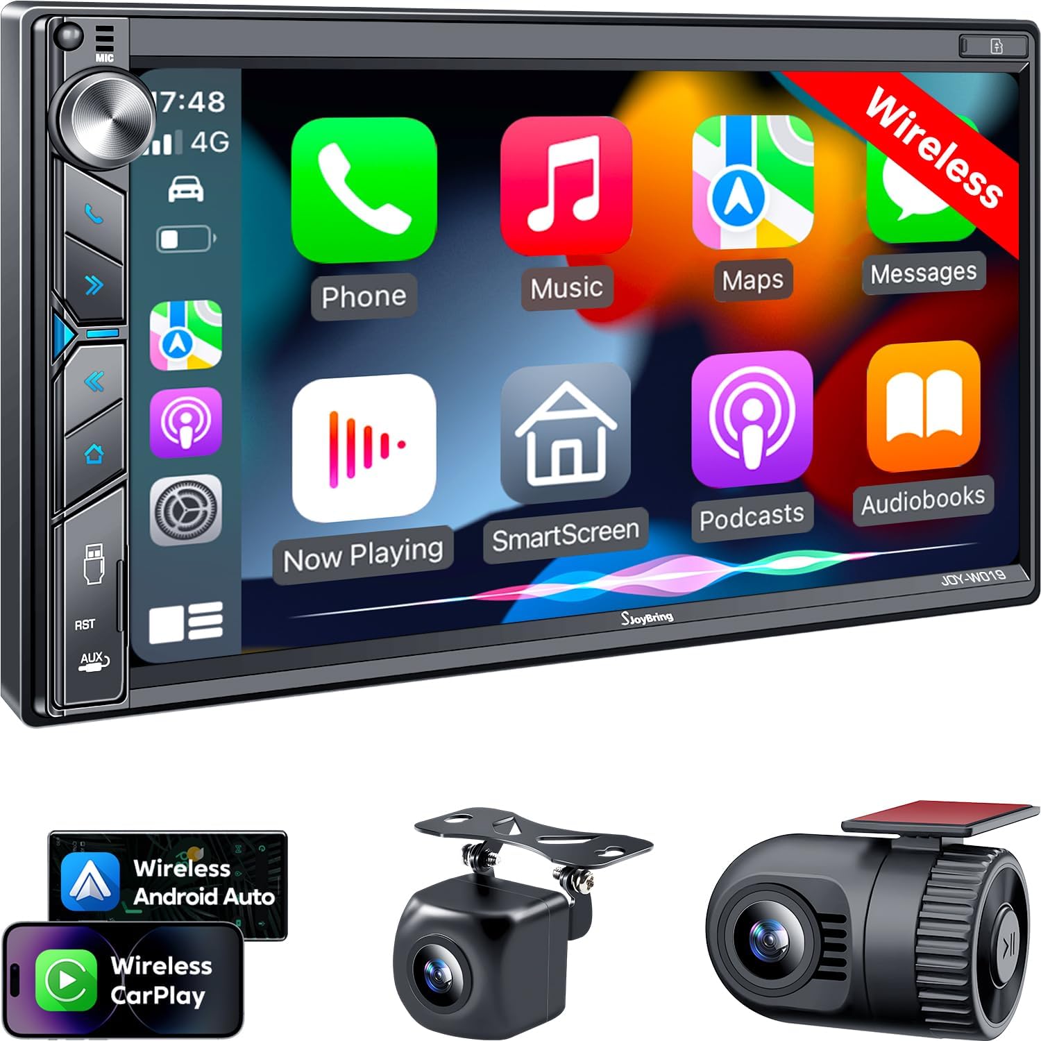 SJoyBring Upgrade Wireless Double Din Car Stereo with Apple Carplay, Android Auto, Dash Cam, Bluetooth, 4-Channel RCA, 2 Subwoofer Ports, 7' HD Capacitive Touchscreen Car Radio, 60W*4, Backup Camera