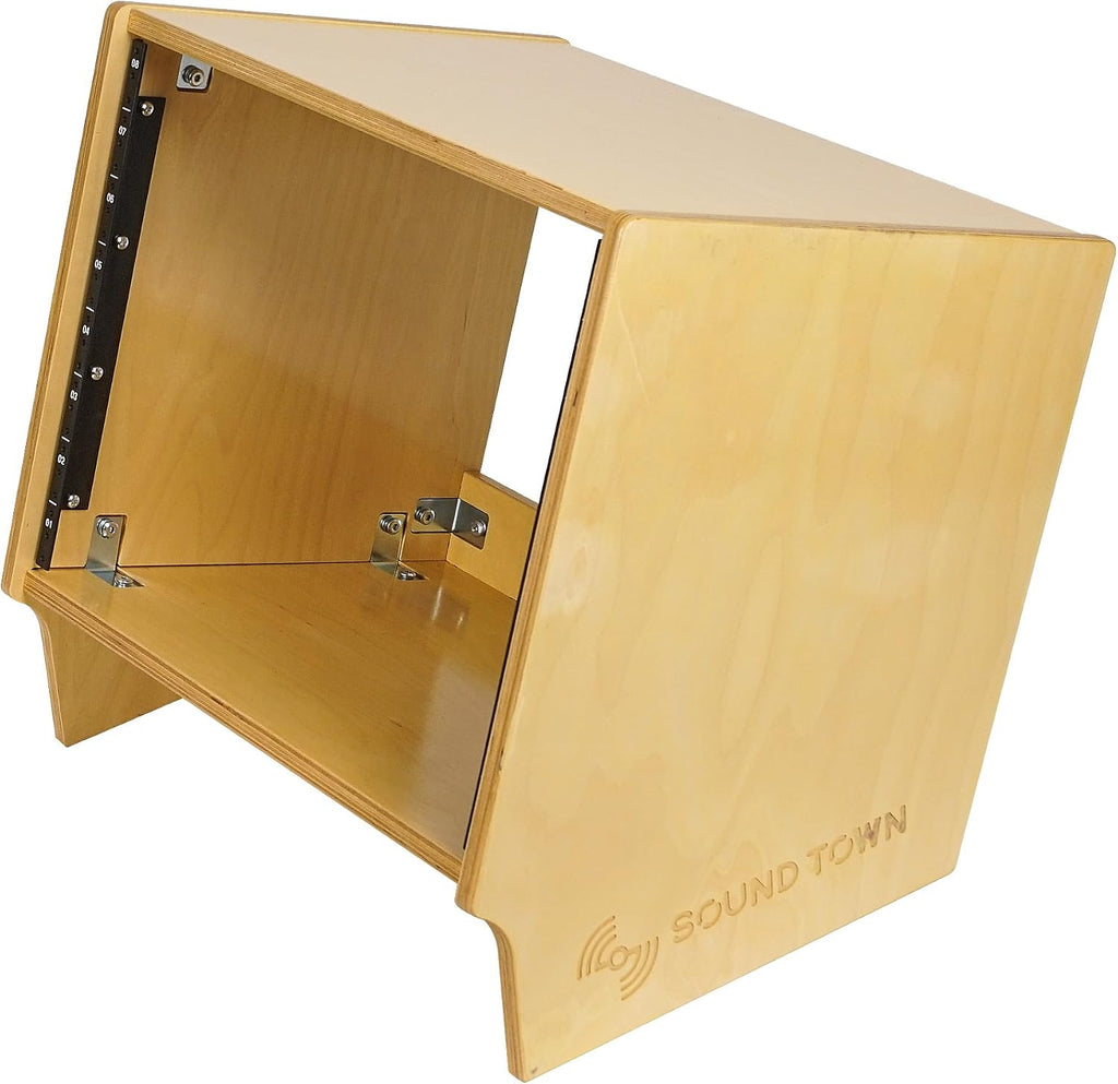 Sound Town DIY 8U Angled Desktop Turret Studio Rack with Solid Baltic Birch Plywood, Golden Oak, Assembly Required (SDRK-8SL)