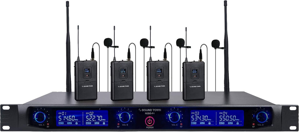 Sound Town 4 Channels Professional UHF Wireless Microphone System with Rack Mountable Metal Receiver and 4 Lavalier Mics with Bodypack Transmitters, for Church, School, Meeting, Party and Karaoke