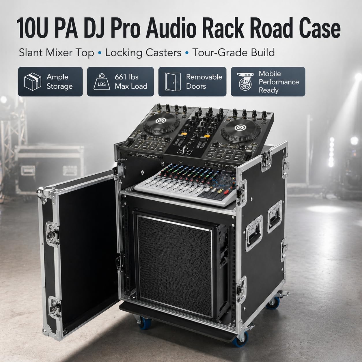10U PA DJ Pro Audio Rack Road Case with Slant Mixer Top and Casters, DJ Mixer Rack, Pro Tour Grade