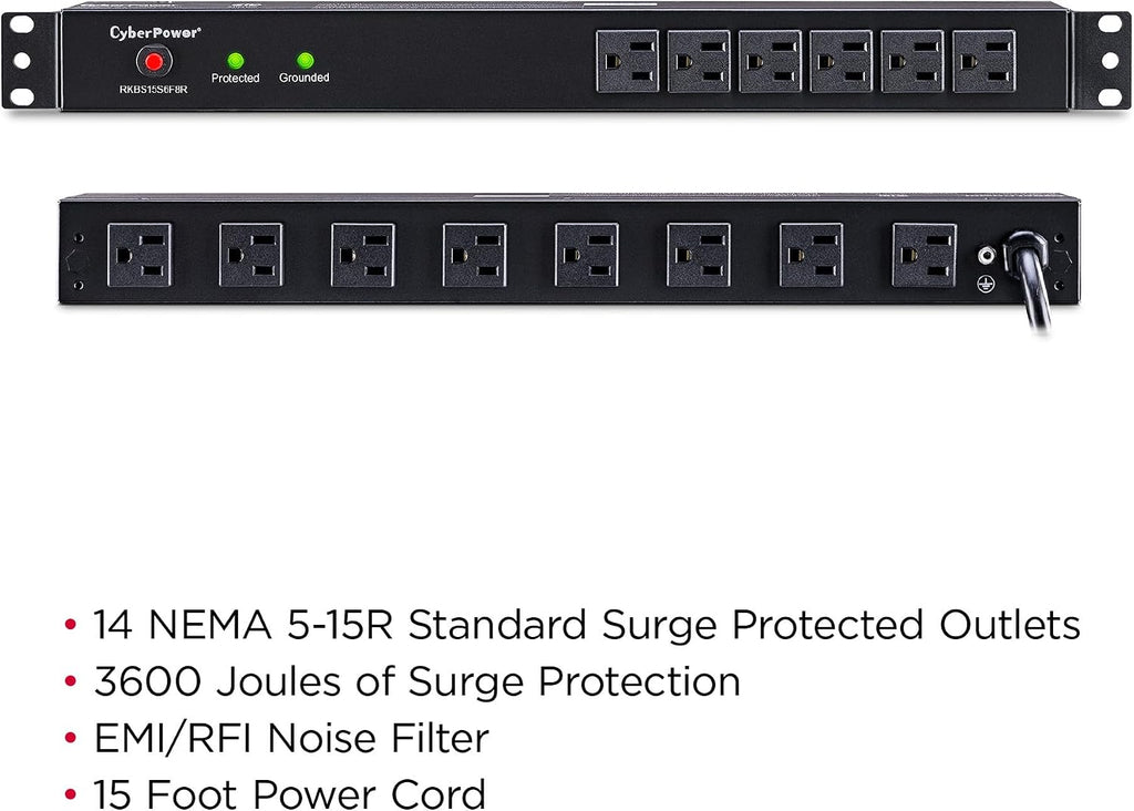 CyberPower RKBS15S6F8R Rackbar Surge Protector, 120V/15A, 14 Outlets, 15 Foot Power Cord, 1U Rackmount, UL Listed