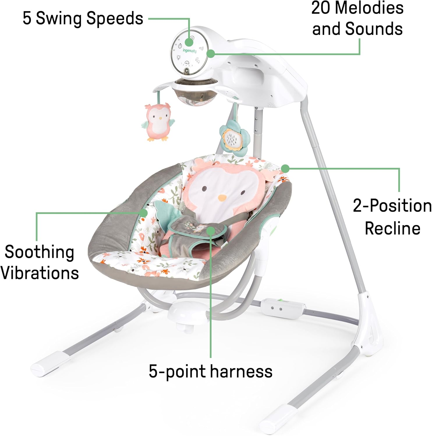 Ingenuity InLighten 5-Speed Baby Swing - Swivel Infant Seat, 5 Point Safety Harness, Nature Sounds, Lights - Nally Owl
