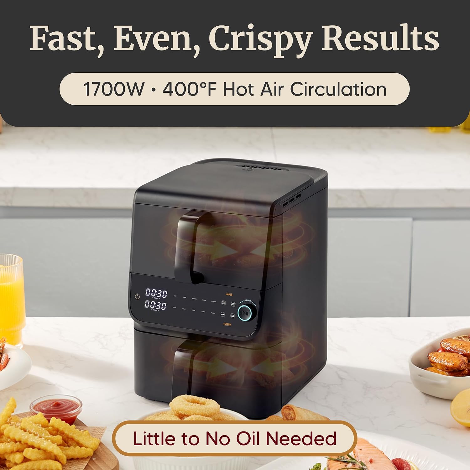 Elite Gourmet Dual Stacked Air Fryer, 10.5 Qt Total Capacity, PFAS-Free Nonstick Baskets, Sync Cook & Sync Finish, 10 Presets, 1700W, Black