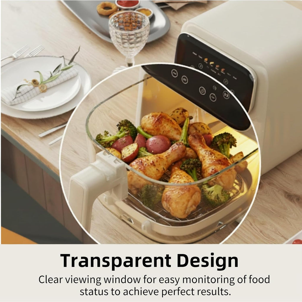 8-1 Glass Air Fryer | Non-Toxic | 400°F | 4QT TempWare Glass Bowl | Freezer & Dishwasher Safe | Wings，Steak，Fries & More | Air Fry Bake Roast Recrisp | Light Pinkish Beige