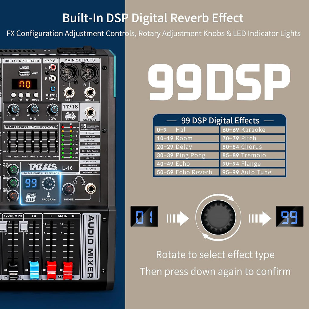 16 Channel Professional Audio Mixer, Mixing Console with USB Interface, 48V Phantom Power, 99 DSP Effects, XLR Inputs, DJ Mixer for Stage, Events