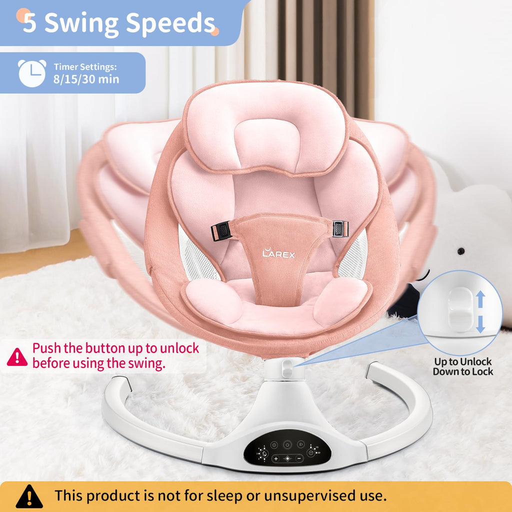 LAREX Baby Swing Infant Swing Electric Toddler Baby Rocker Portable for Newborn Boy Girl, 5 Sway Speeds with Remote Control, 10 Preset Melodies and Bluetooth, 0-6 Months Max 20 Lbs (Pink)
