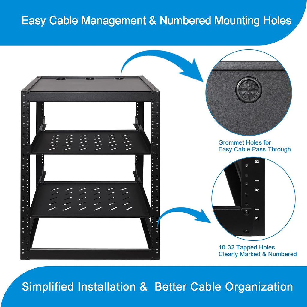 RackPath 16U Open Frame Network Rack with 2X 14in Vented 1U Shelves Rear Support, Wall Mount/Floor Standing Network Cabinet, Heavy Duty 150 lbs Capacity for IT & AV Gear, Audio and Video Device