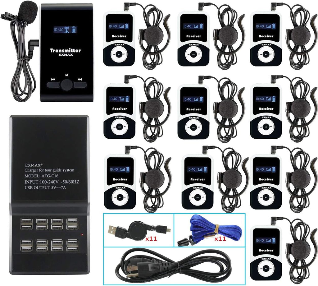 EXMAX® ATG-100T 195-230MHz Wireless Tour Guide System Voice Transmission Microphone Earphone Headset for Church Translation Silent Conference Travel Traning (1 Transmitter 10 Receivers Charging Base)