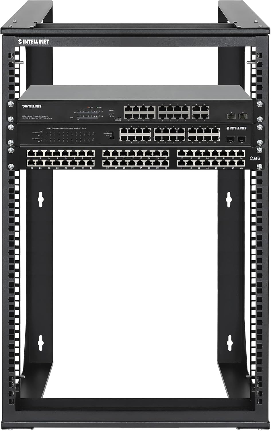 Intellinet 15U 19' 2 Post Open Frame Server Wall Mount Rack - 180 Degree Gate Swing, Flatpacked, Antistatic Powder Coated Steel – for IT Network Equipment & AV Devices – 3 Yr Mfg Warranty – 716208
