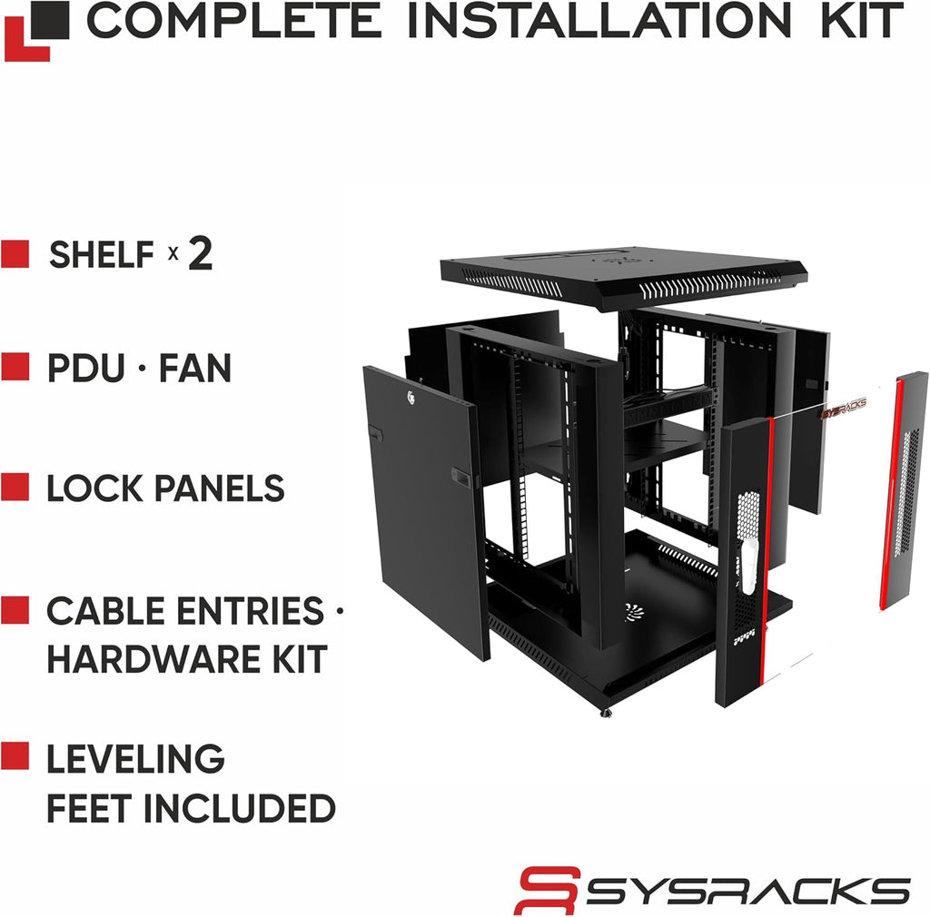 15U Wall Mount Home Lab Server Rack – 19' Locking Network Cabinet, 18' Deep Router & AV Rack with Fan, PDU and Shelf for NAS, Switches and Home Network Equipment