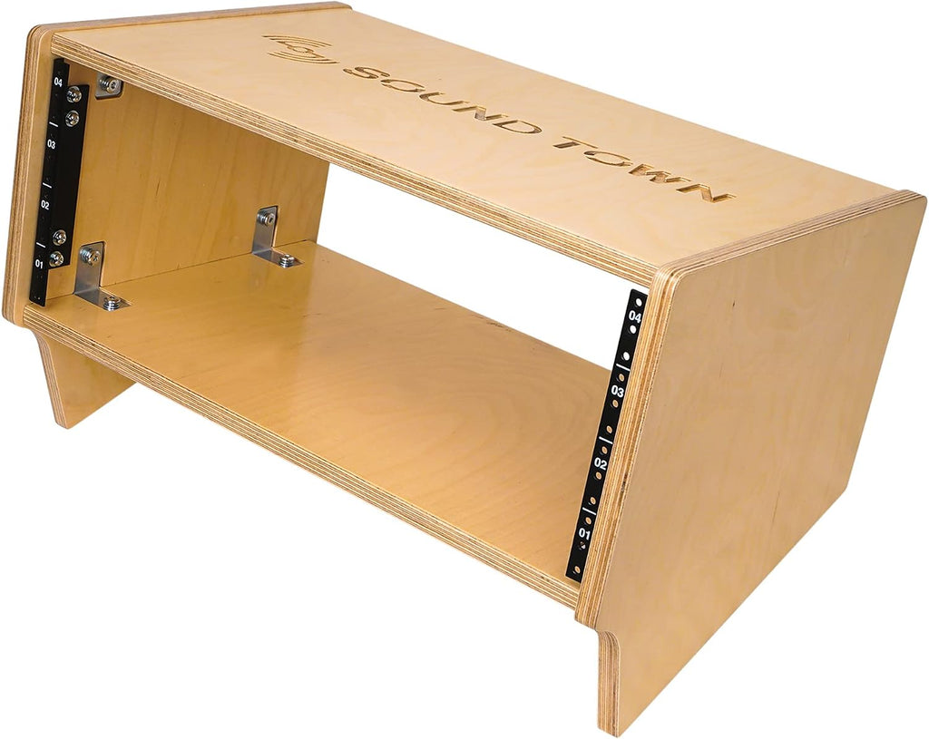 Sound Town DIY 4U Angled Desktop Turret Studio Rack with Solid Baltic Birch Plywood, Golden Oak, Assembly Required (SDRK-Y4SL)