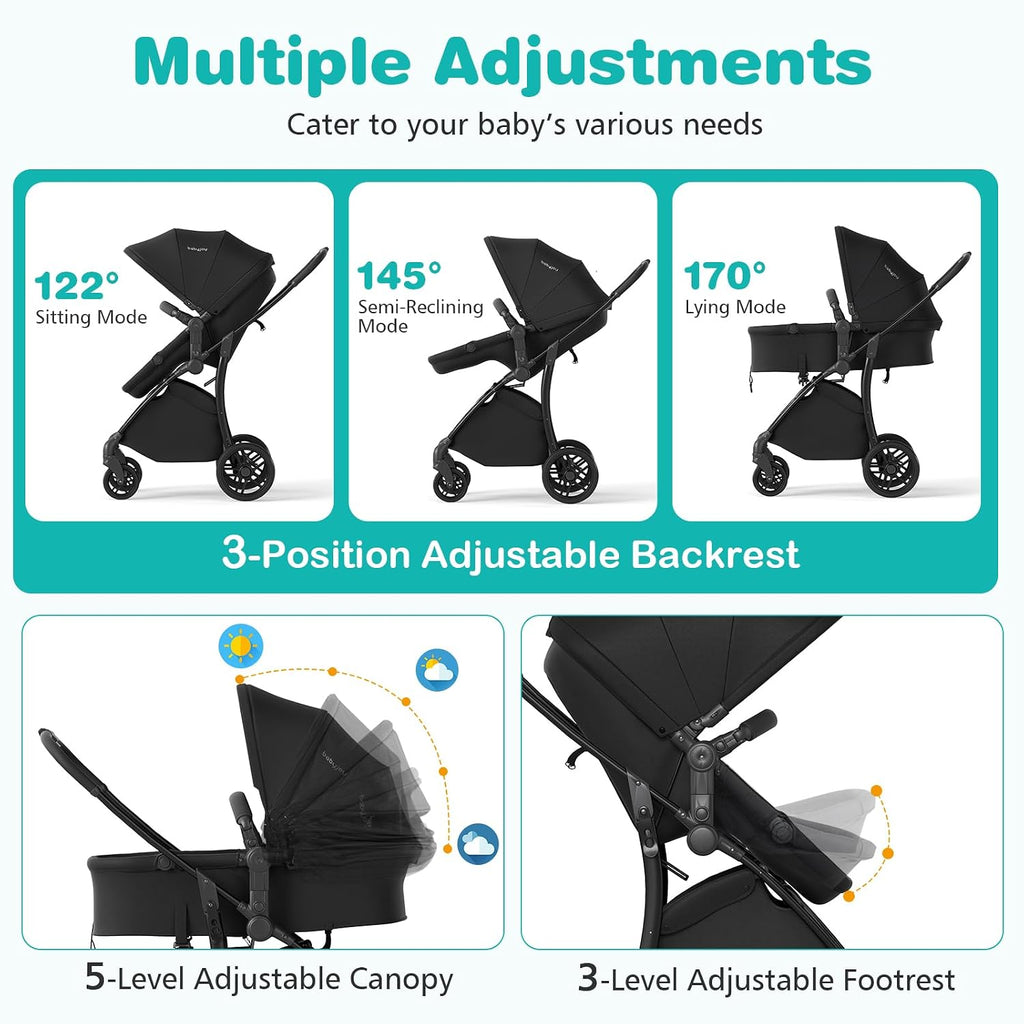 BABY JOY 2 in 1 Baby Stroller, High Landscape Convertible Bassinet Stroller with Reversible Seat, Adjustable Backrest & Canopy, Foldable Pushchair Pram Stroller for Newborn Toddler 0-36 Months (Black)