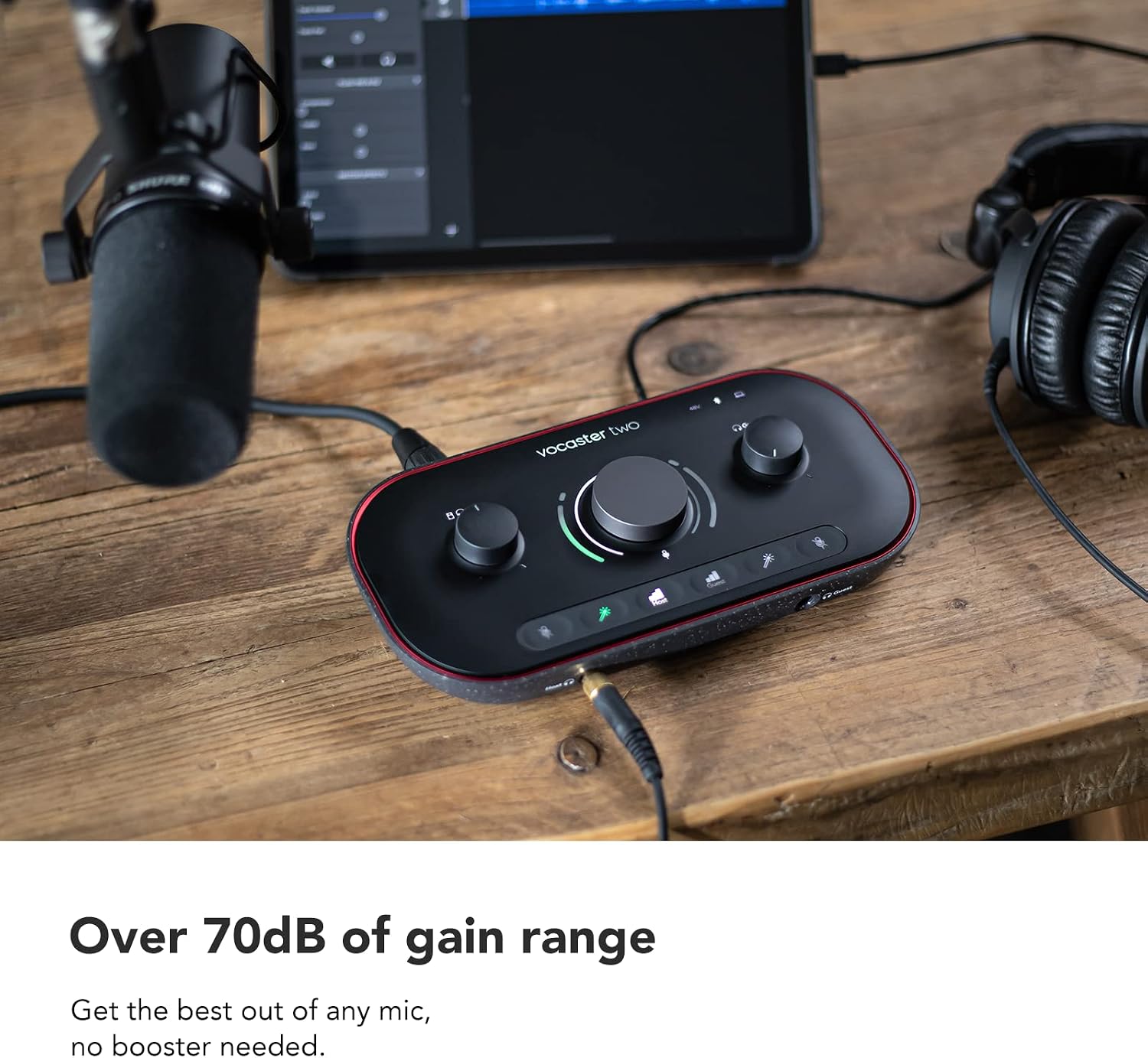 Focusrite Vocaster Two — Podcasting Interface for Recording Host and Guest. 2 Mic Inputs and Headphone Outputs, with Auto Gain, Enhance, and Mute. Small, Lightweight, and Powered by Computer