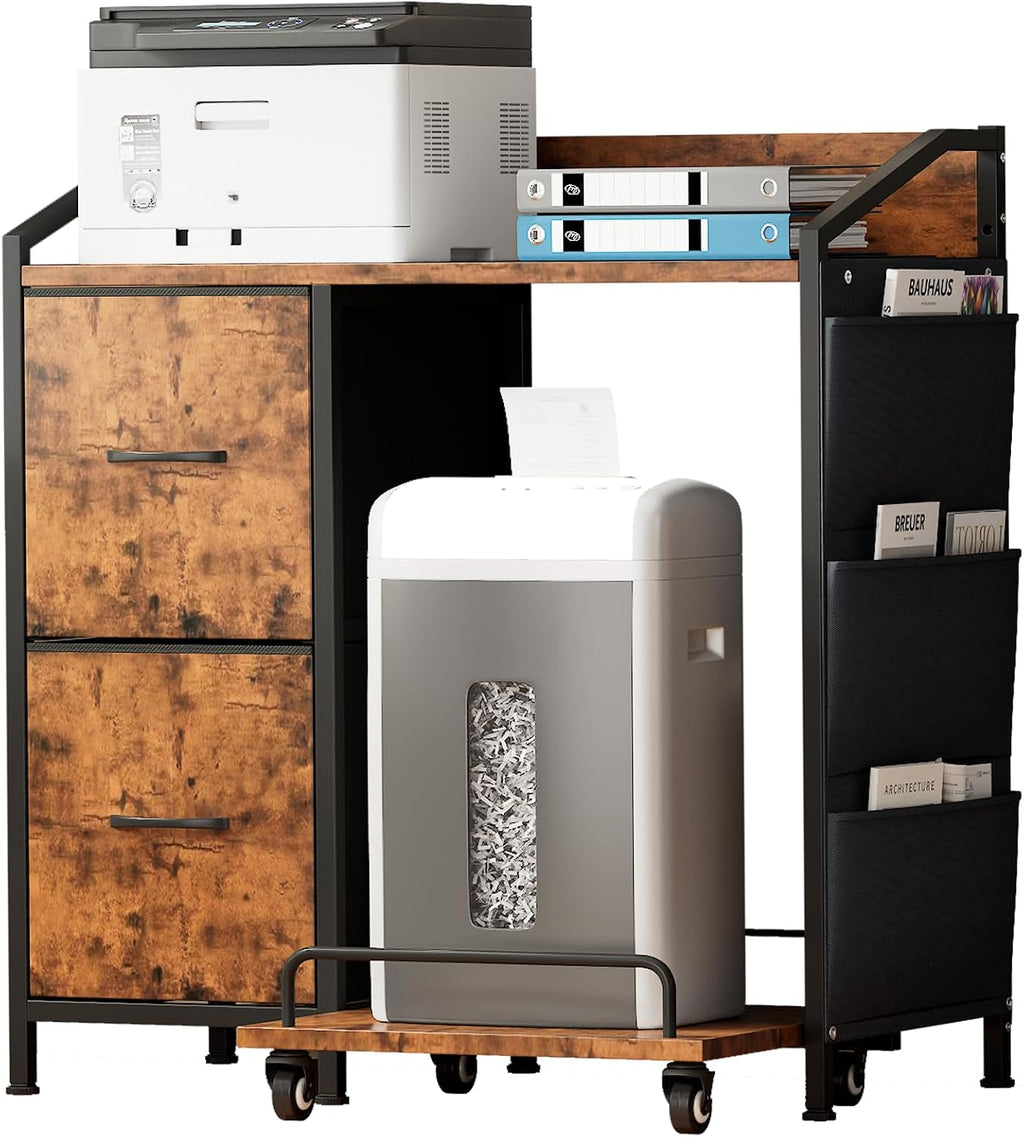 Printer Stand with Storage, Lateral Office Filing Cabinets with Power outlets & USB Charging Port, File Cabinet with Large Printer Stands for Home Office, Shredder Stand Rack (Rustic Brown)