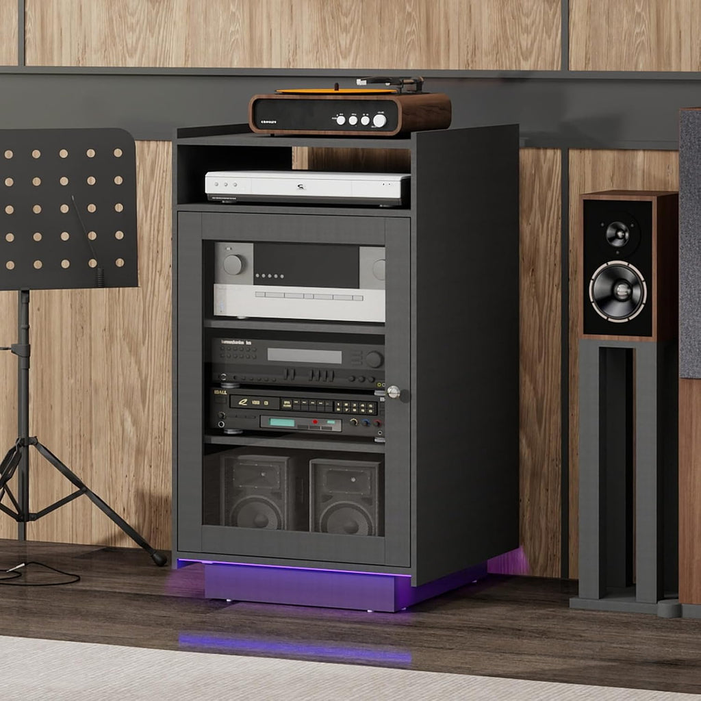 ELECWISH Media Cabinet with Tempered Glass Door, 5-Tier Stereo Cabinet with Adjustable Shelf, Media Stand with LED Light, AV Rack with Cable Management