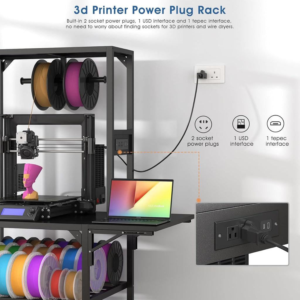 3D Printer Stand, Heavy Duty 3D Printer Table Stand with Filament Storage Rack, T-Shaped Spools Holder Rack with Wheels, 3D Printer Workbench for 3D Printing Studio, Home Office Workshop