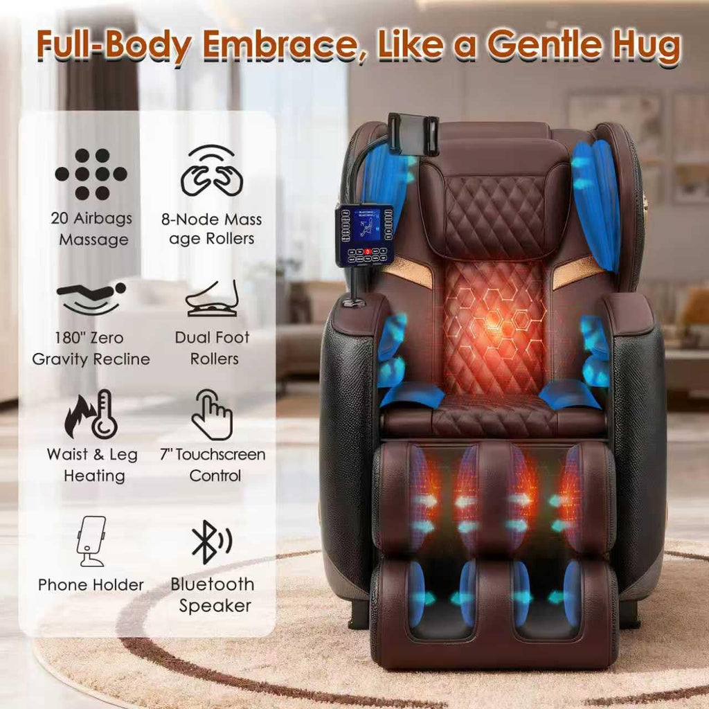 Luxury 3D Zero Gravity Full-Body Shiatsu Massage Chair with 10-Node Rollers,20 Airbags,Waist & Leg Heating, Bluetooth Audio, and Extendable Footrest - Home Relaxation Recliner (Brown)