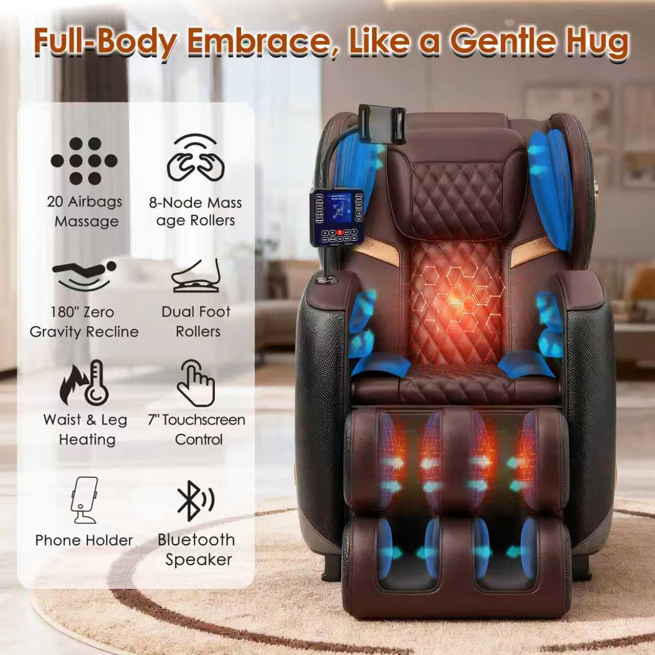 Luxury 3D Zero Gravity Full-Body Shiatsu Massage Chair with 10-Node Rollers,20 Airbags,Waist & Leg Heating, Bluetooth Audio, and Extendable Footrest - Home Relaxation Recliner (Brown)