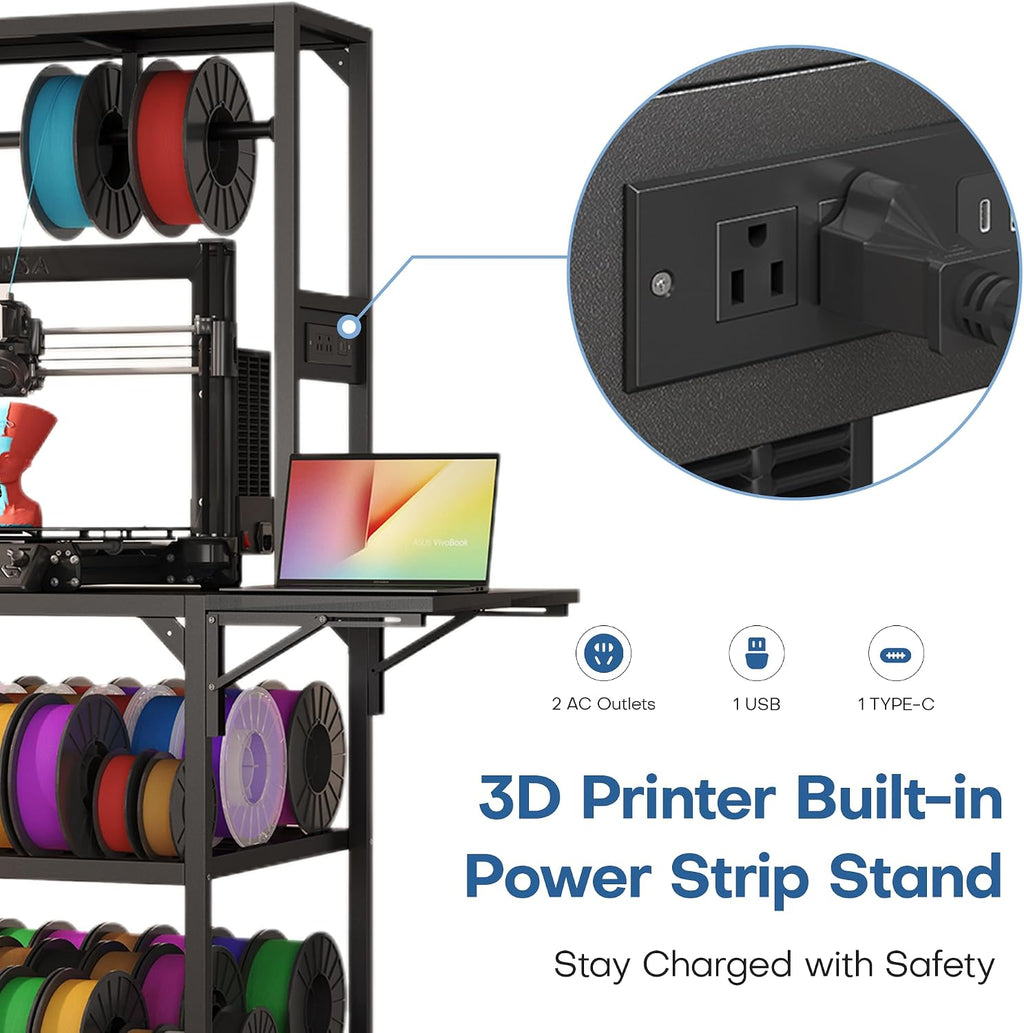 3D Printer Stand with Filaments Storage, 3D Printer Table Filament Storage Rack with Power Outlets Heavy Duty Printer Cart Desk for Workshop Studio Office