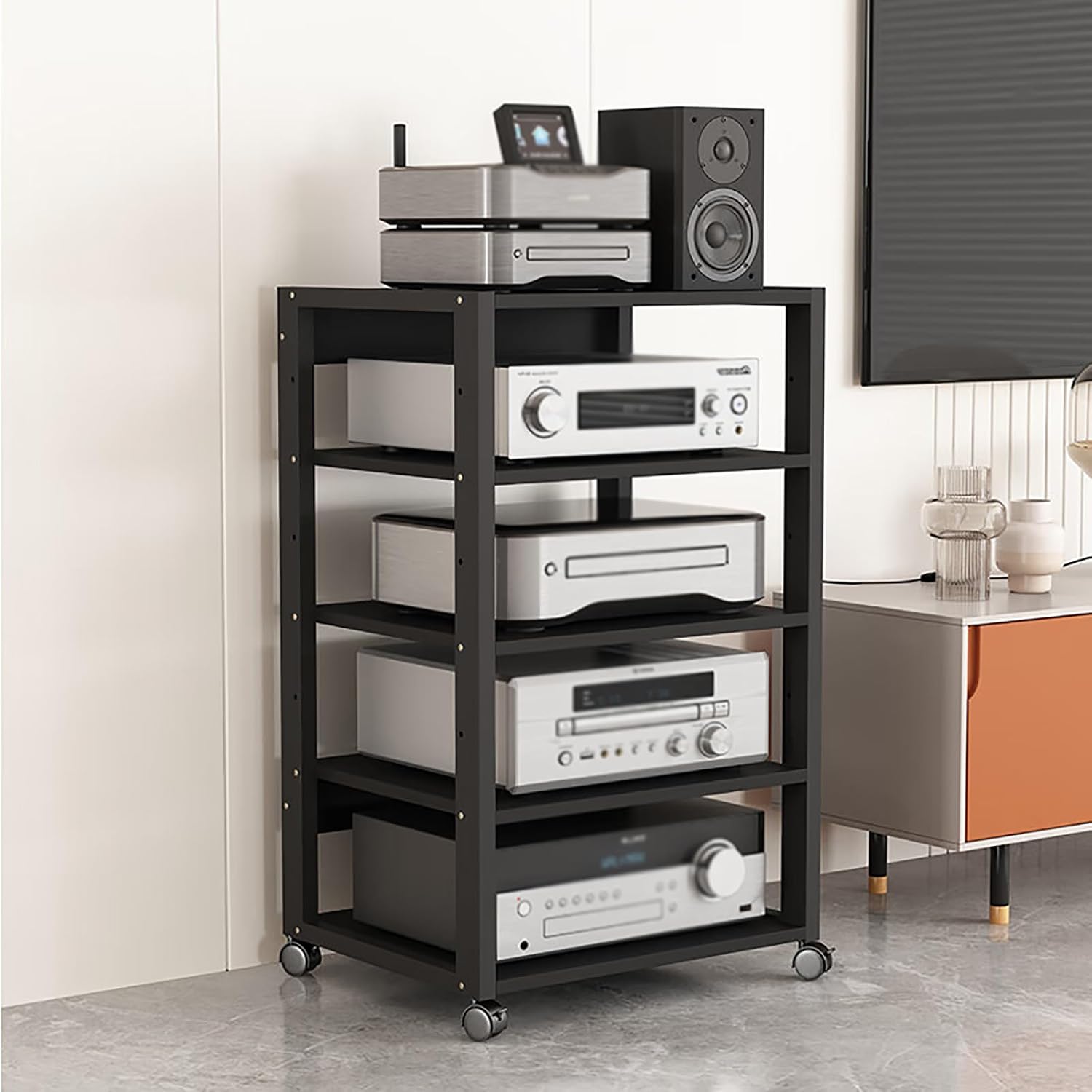 5 Tier Audio Rack Tower, CD Record Player Stereo Receiver AV Equipment Cabinet Display Rack, Weight Capacity 661 lbs, with Adjustable Wooden Shelves for Home (5 Tier Black)