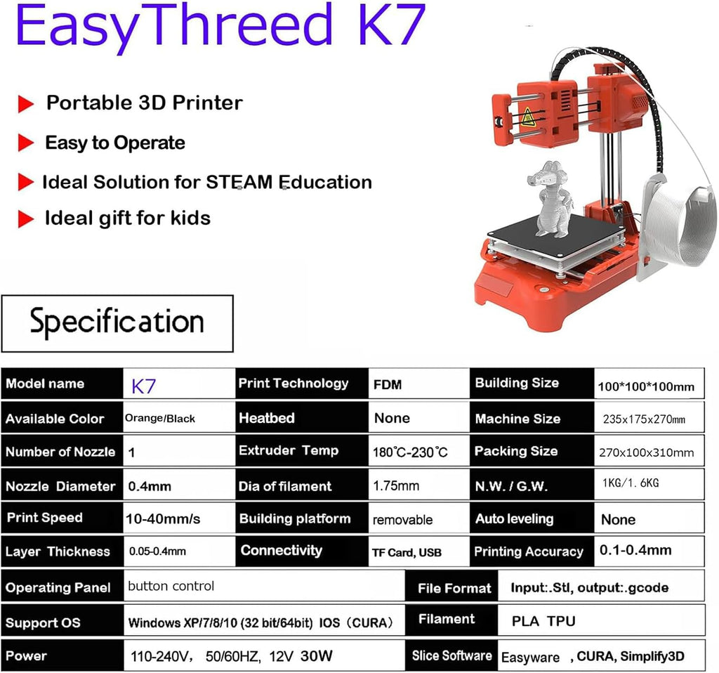 Mini 3D Printer for Kids, K7 Desktop 3D Printer, with Pla Filament Magnetic Removable Plate USB Cable Tf Card, 100x100x100mm for Kids Student Education,Orange