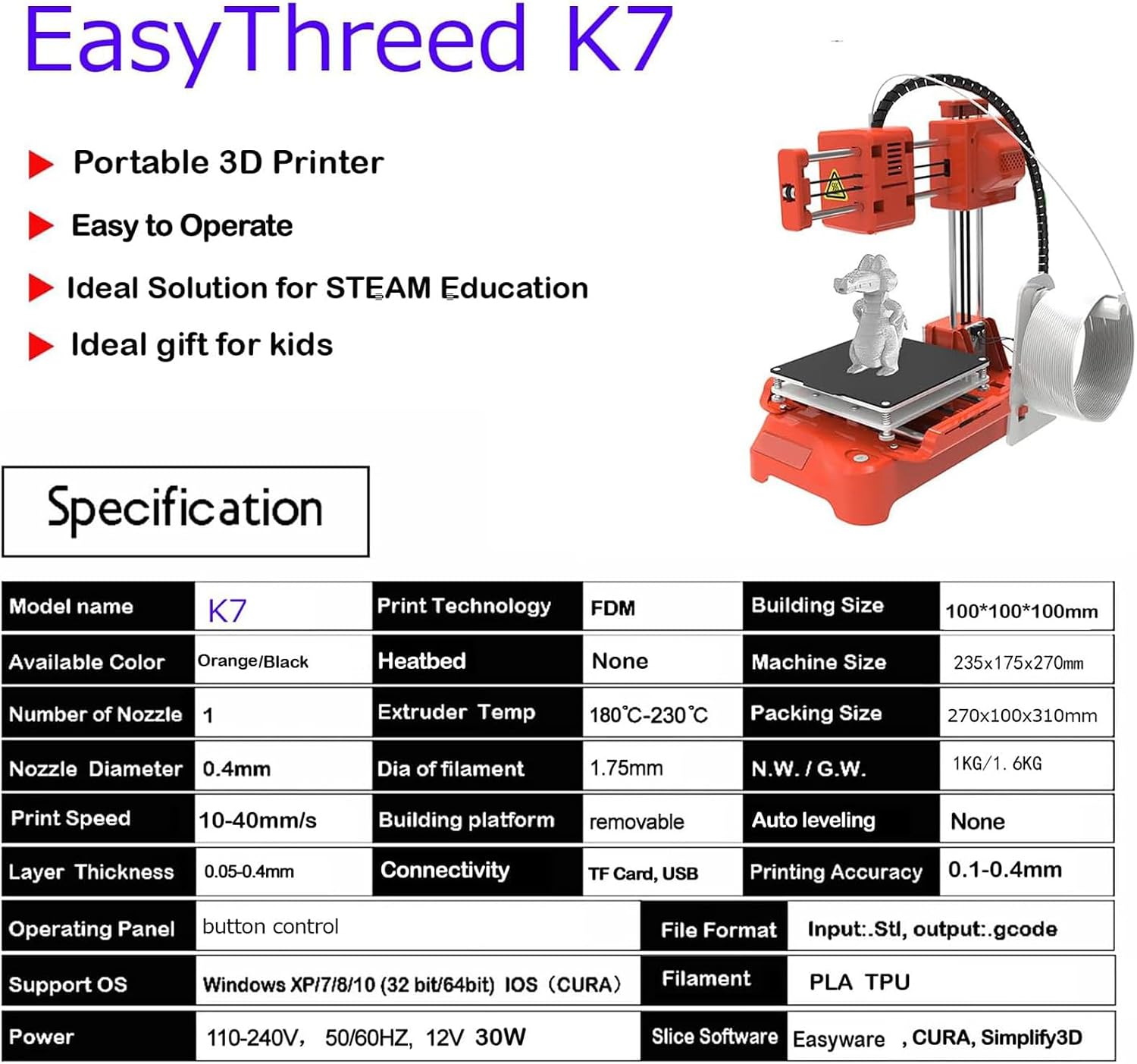 DIY 3D Printer Kit Mini 3D Printer 4x4x4in Upgraded Print Volume Kids Extruder Technology, High Power Powerful Computing New Structure 3D Printer High Speed Printing Orange