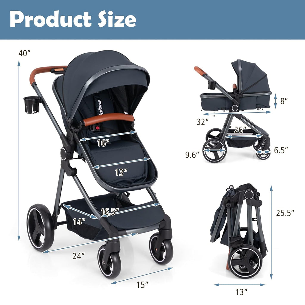 INFANS 2 in 1 Baby Stroller, Newborn Convertible Stroller Bassinet for Infant, Foldable High Landscape Shock Absorption with Reversible Seat, Aluminum Structure for Toddler Pushchair 0-36 Month