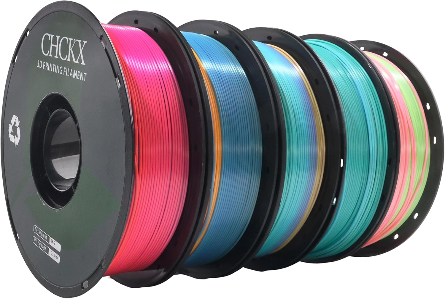 10 Pack Silk Rainbow PLA 3D Printer Filament Bundle, Dimensional Accuracy +/- 0.02 mm, 1kg (2.2lbs), 1.75 mm, Rainbow Candy,Blue Green,Red White,Blue White,Green, 10 Mix Rainbow Colors