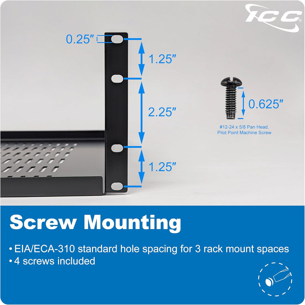 ICC 3U Cantilever Rack Shelf, Heavy-Duty Ventilated Steel Tray for 19' Network Equipment Racks, 15' Deep, 50 lbs Capacity, 2-Pack, Black