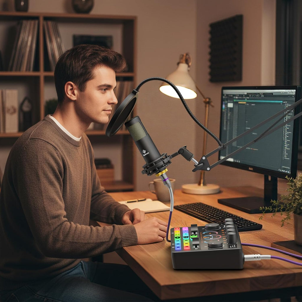 Podcast Equipment Bundle,5RGB Mixer with XLR-6.5mm interface,Dynamic Microphone, TF Card, Surround Sound, Suitable for Streaming/TikTok/YouTube, Compatible with Mobile Phones, PC,Camera RS2
