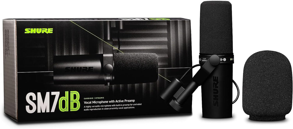 Shure SM7dB Dynamic Studio Microphone with Built-in Preamp – XLR Mic for Podcasting, Streaming & Vocal Recording, Wide Frequency Range, Smooth Warm Audio, Detachable Windscreen, Black