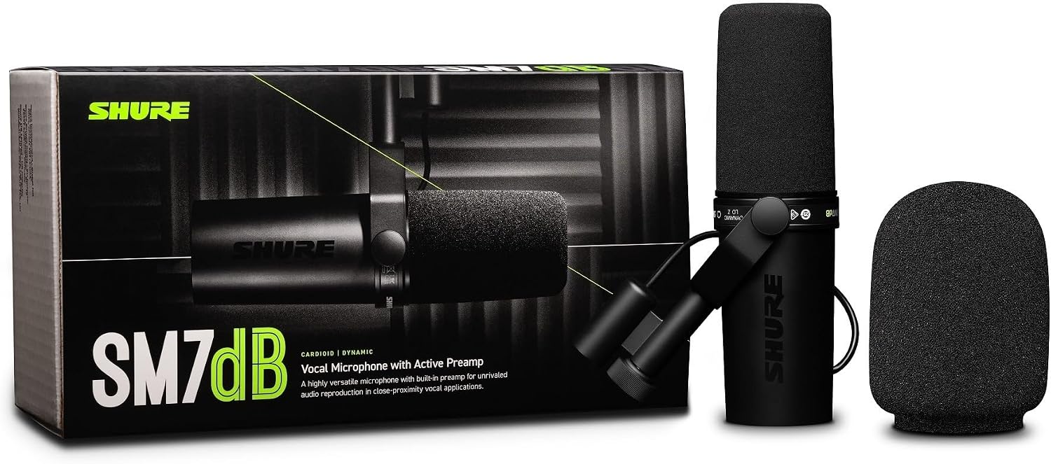 Shure SM7dB Dynamic Studio Microphone with Built-in Preamp – XLR Mic for Podcasting, Streaming & Vocal Recording, Wide Frequency Range, Smooth Warm Audio, Detachable Windscreen, Black