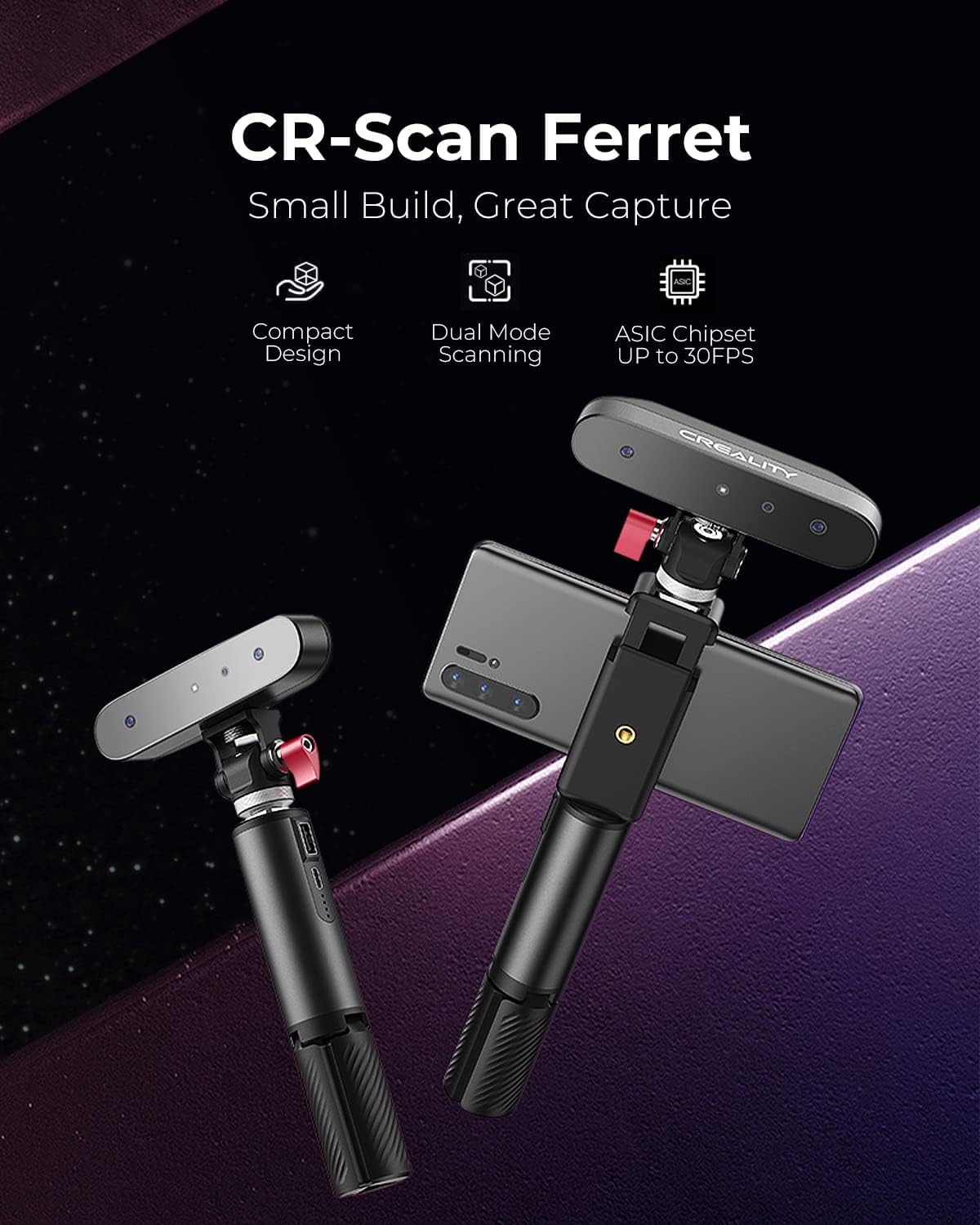 Creality CR-Scan Ferret 3D Scanner for 3D Printing Handheld Scanner 30 FPS Scanning Speed 0.1mm Accuracy Full Color for Android Phone PC Win 10/11