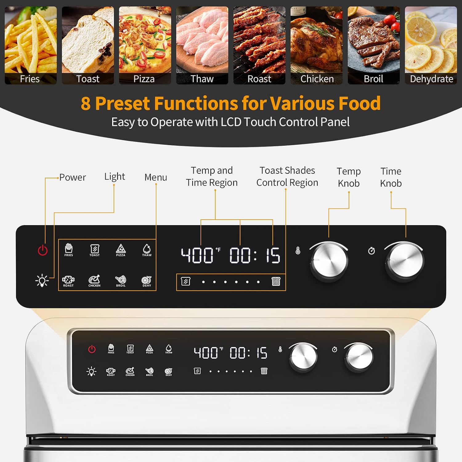 21 QT Air Fryer Toaster Oven Combo, 1800W Electric Digital Countertop Convection Oven w/ 360°Circulation, LCD Display, 8-in-1 Air Fryer, Toast, Thaw, Dehydrate, w/ 5 Accessories & Recipe