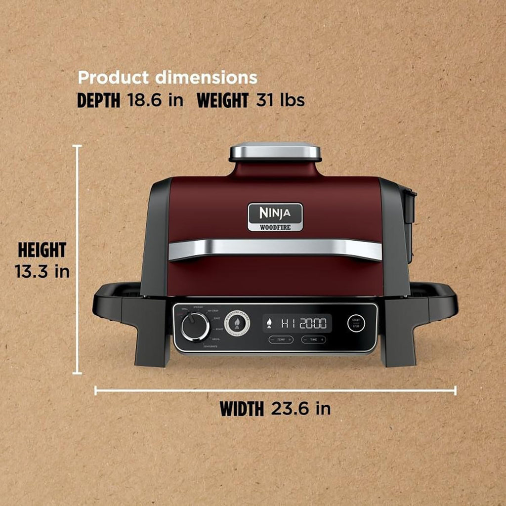 Ninja OG701 Woodfire Outdoor Grill & Smoker, 7-in-1 Master Grill, BBQ Smoker, Air Fryer plus Bake, Roast, Dehydrate, & Broil, uses Woodfire Pellets(1 Pack Included), Portable, Electric, Red