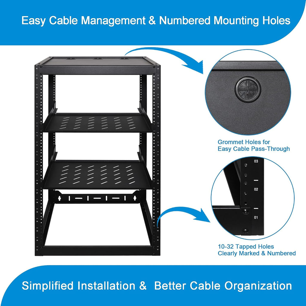 RackPath 20U Open Frame Network Rack with 2X 14in Vented 1U Shelves Rear Support, Wall Mount/Floor Standing Network Cabinet, Heavy Duty 150 lbs Capacity for IT & AV Gear, Audio and Video Device