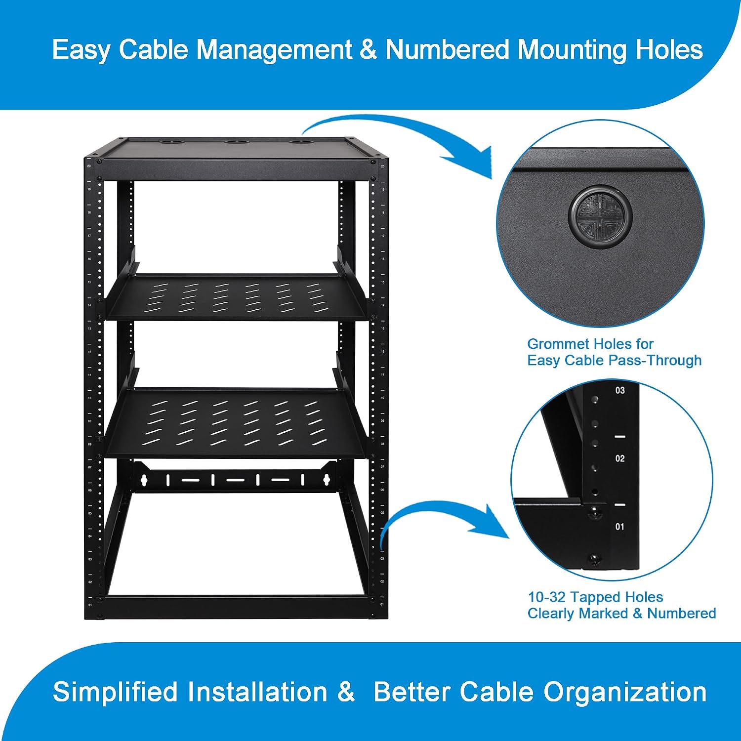 RackPath 20U Open Frame Network Rack with 2X 14in Vented 1U Shelves Rear Support, Wall Mount/Floor Standing Network Cabinet, Heavy Duty 150 lbs Capacity for IT & AV Gear, Audio and Video Device