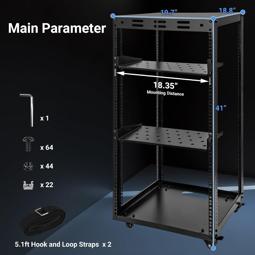 20U Server Rack w/ 2 Racks, Versatile Open Frame IT Rack - Wall-Mount, Rotate and Push w/Ease, AV Rack w/Top & Bottom Panels, Hook and Loop Straps for 19' Stereo/Data/IT/Computer Equipment