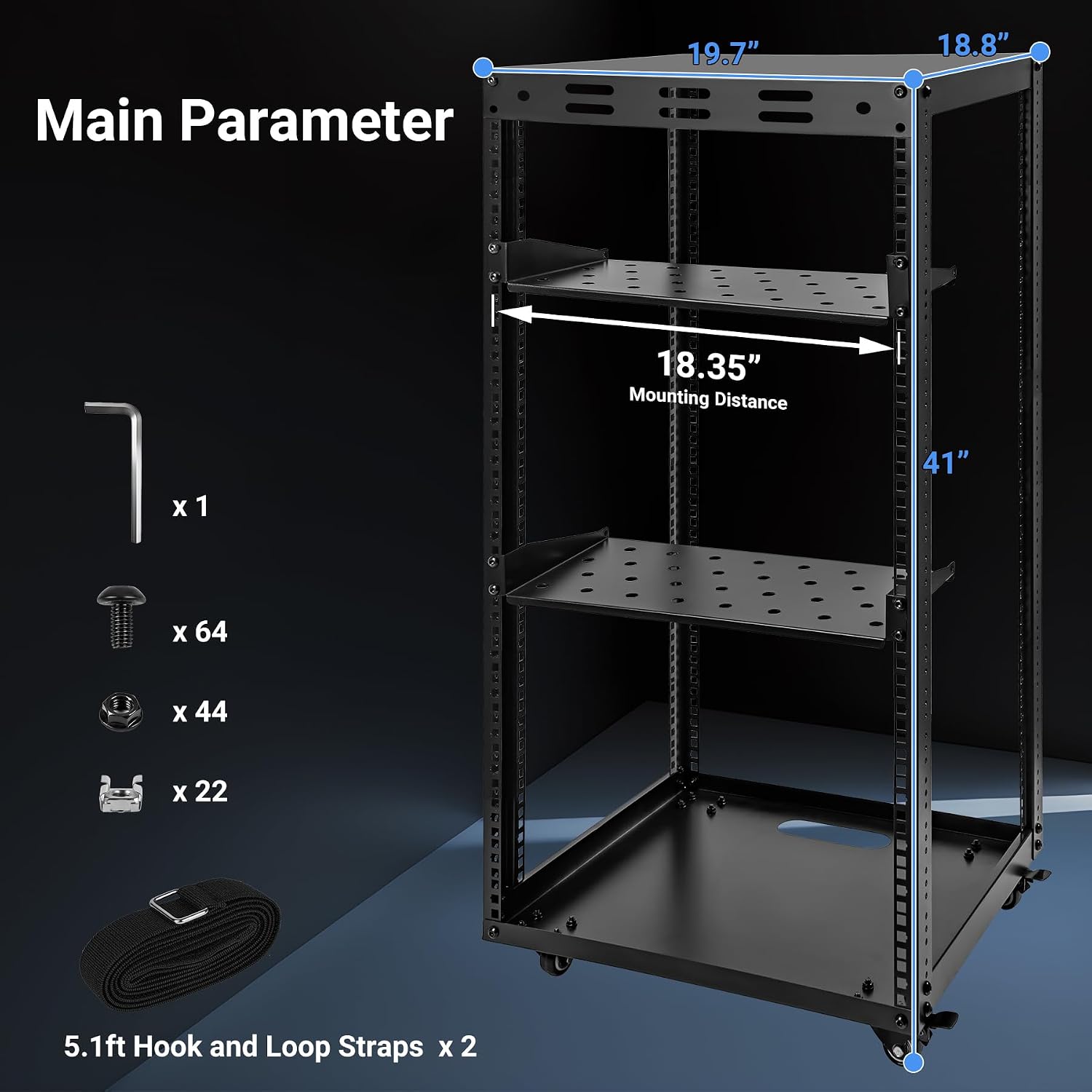 20U Server Rack w/ 2 Racks, Versatile Open Frame IT Rack - Wall-Mount, Rotate and Push w/Ease, AV Rack w/Top & Bottom Panels, Hook and Loop Straps for 19' Stereo/Data/IT/Computer Equipment