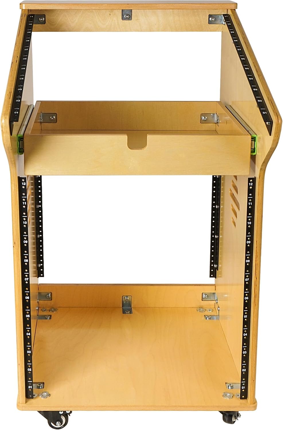Sound Town DIY Solid Baltic Birch Plywood Studio Rack with 11U Slant Mixer Top,12U Front, 2U Drawer, Rubber Feet, Casters, Golden Oak (SDRK-M11X12)