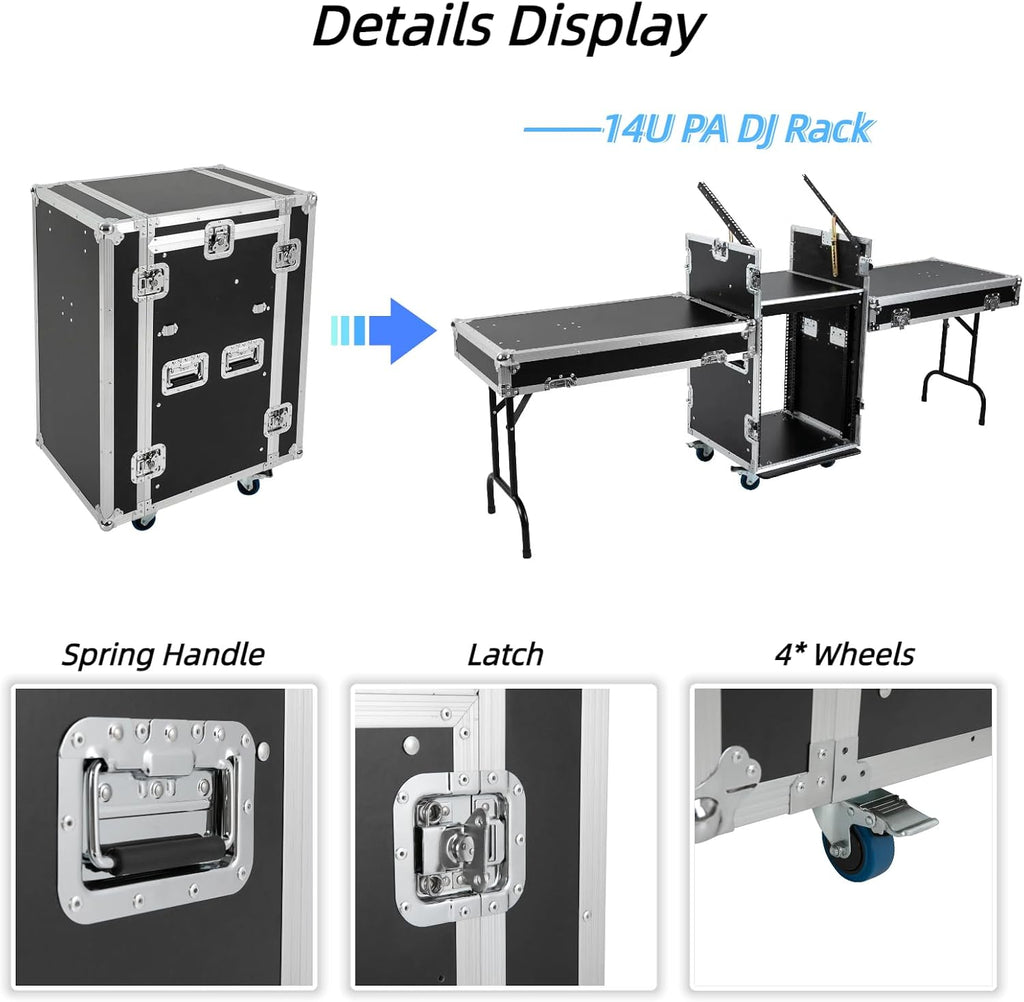 14U PA Audio Rack 2 Tiers Studio Rack with 2*DJ Table Tops, Mobile Flight Case Frame Server Rack with Wheels DJ Table DJ Rack for Studios Parties KTVs