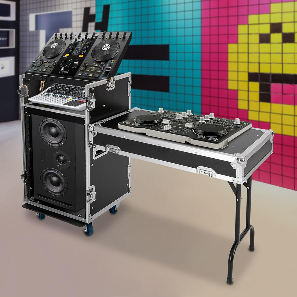 14U PA DJ Rack with 4 Wheels, Heavy-Duty Mobile Audio Equipment Cabinet with Side DJ Table Top, 661 lbs Capacity Studio Rack for Mixer, Amplifier, Speakers (14U/Side Table)